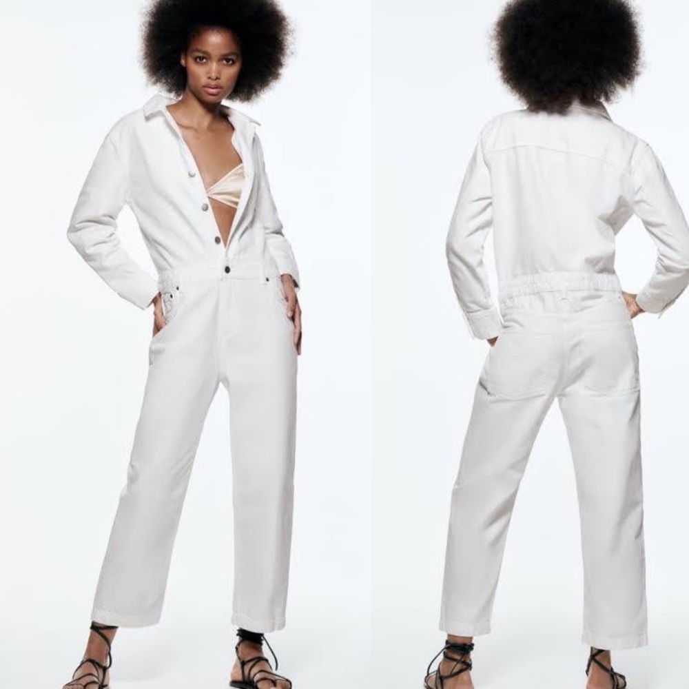 Zara White Denim Jumpsuit